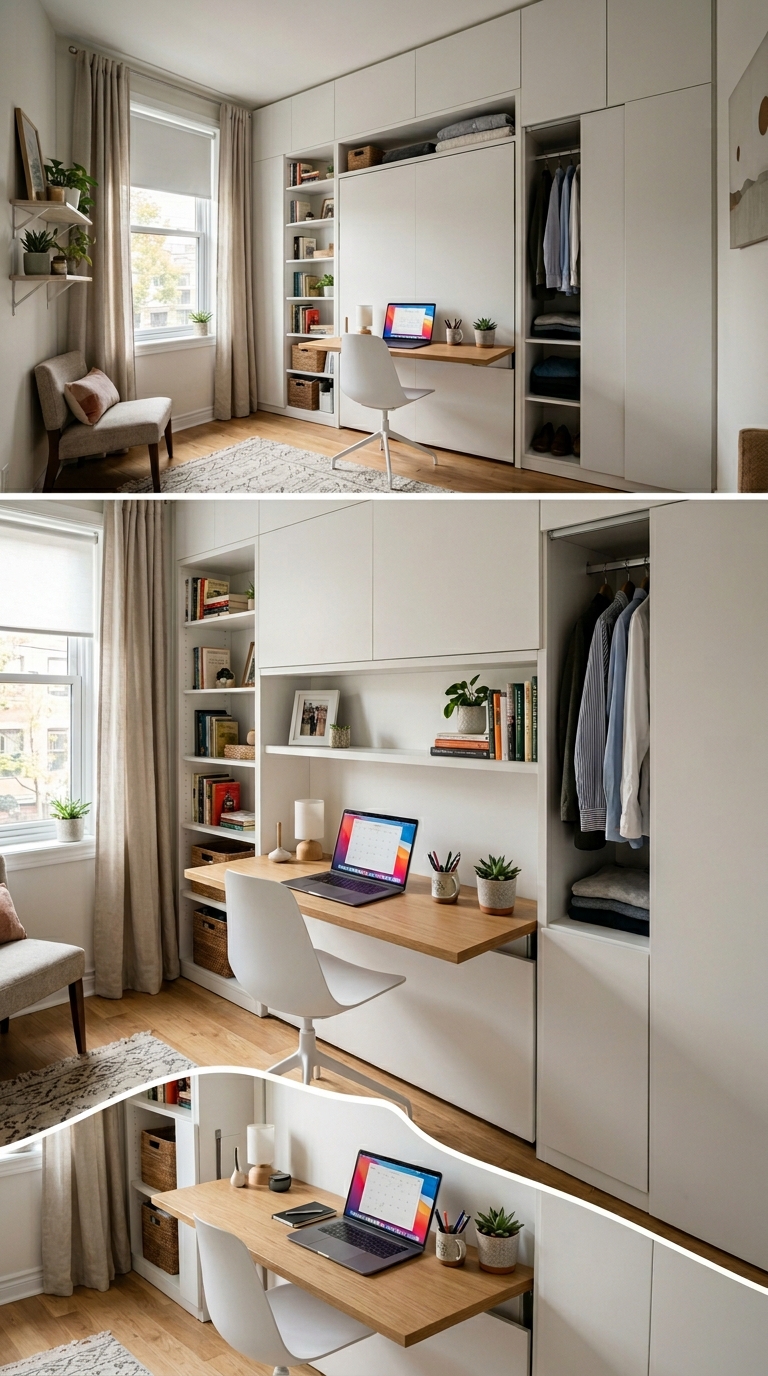 Murphy bed small bedroom with integrated wardrobe and desk, wall bed folded up revealing workspace, seamless built-in design