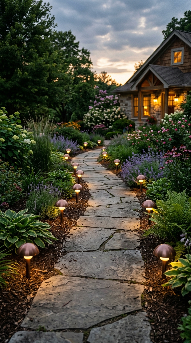 Mushroom-cap style budget path lights along a curved walkway