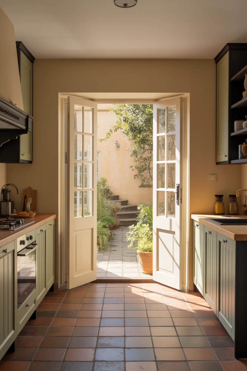 White French patio doors in a small sage green shaker kitchen opening to a garden
