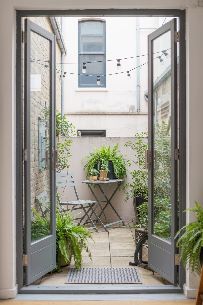 Slim white French patio doors opening onto a compact city courtyard garden with bistro chair and string lights