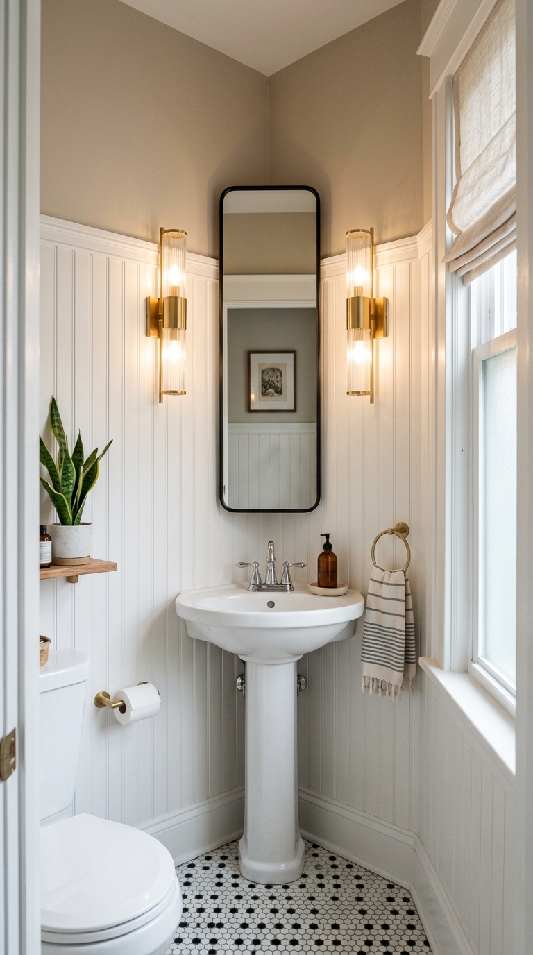 Narrow half bathroom with corner sink, vertical paneling, and tall arched mirror