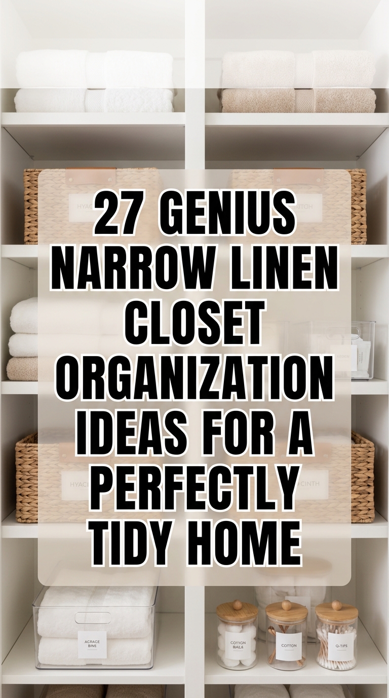 Luxury narrow linen closet with organized shelves, folded towels, and woven baskets in a clean minimalist home interior.