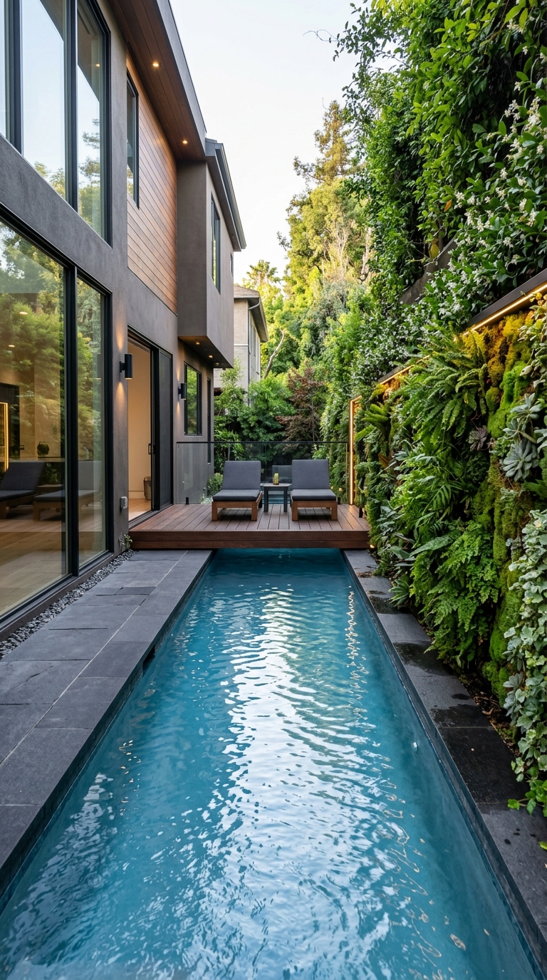 Long narrow swimming pool designed for a compact side yard