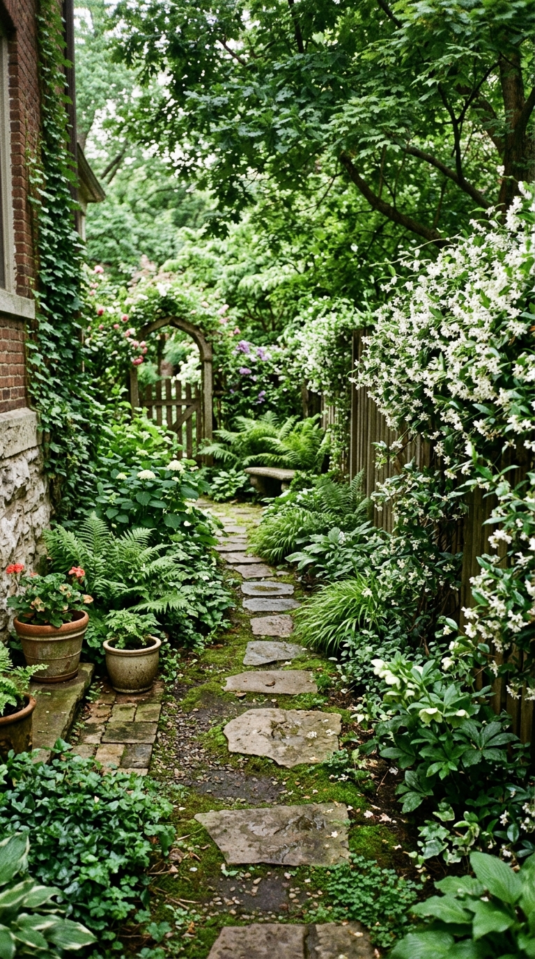 Narrow stepping stone walkway through a side yard with climbing jasmine on fence