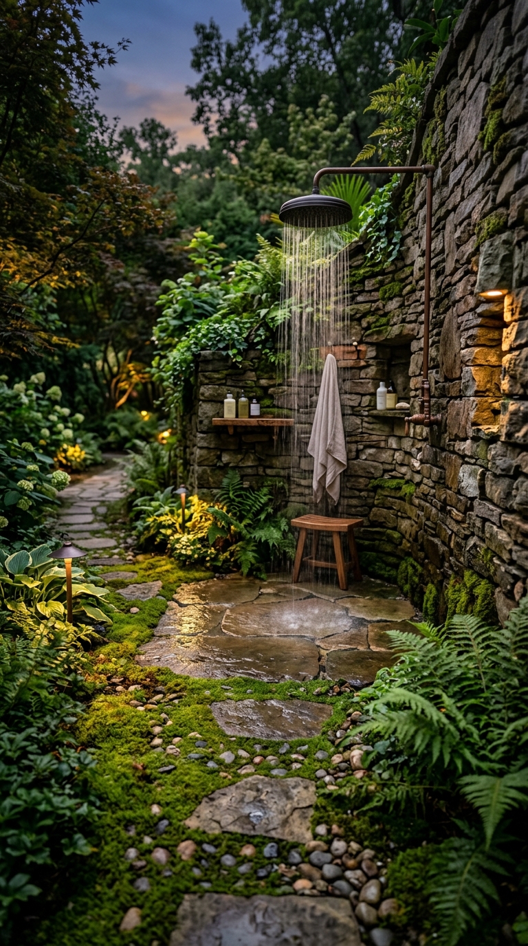 Natural stone waterfall-style luxury outdoor shower with moss