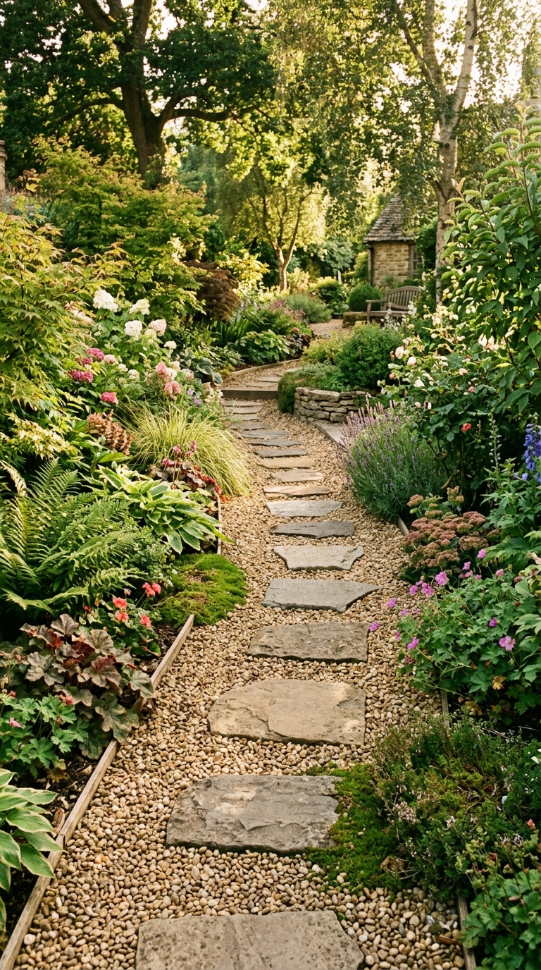 Natural stone stepping stones set in pea gravel garden path with green planting borders