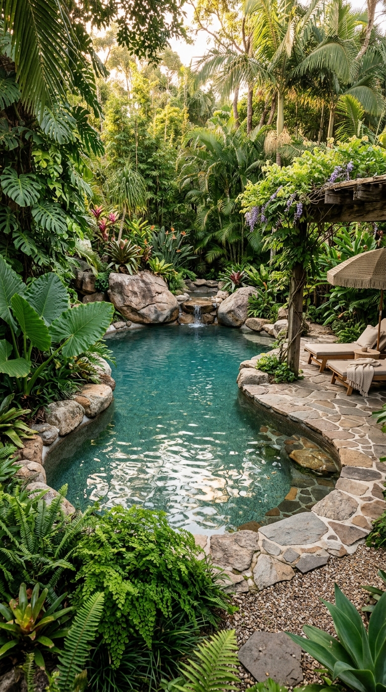 Natural stone backyard pool surrounded by lush tropical greenery.