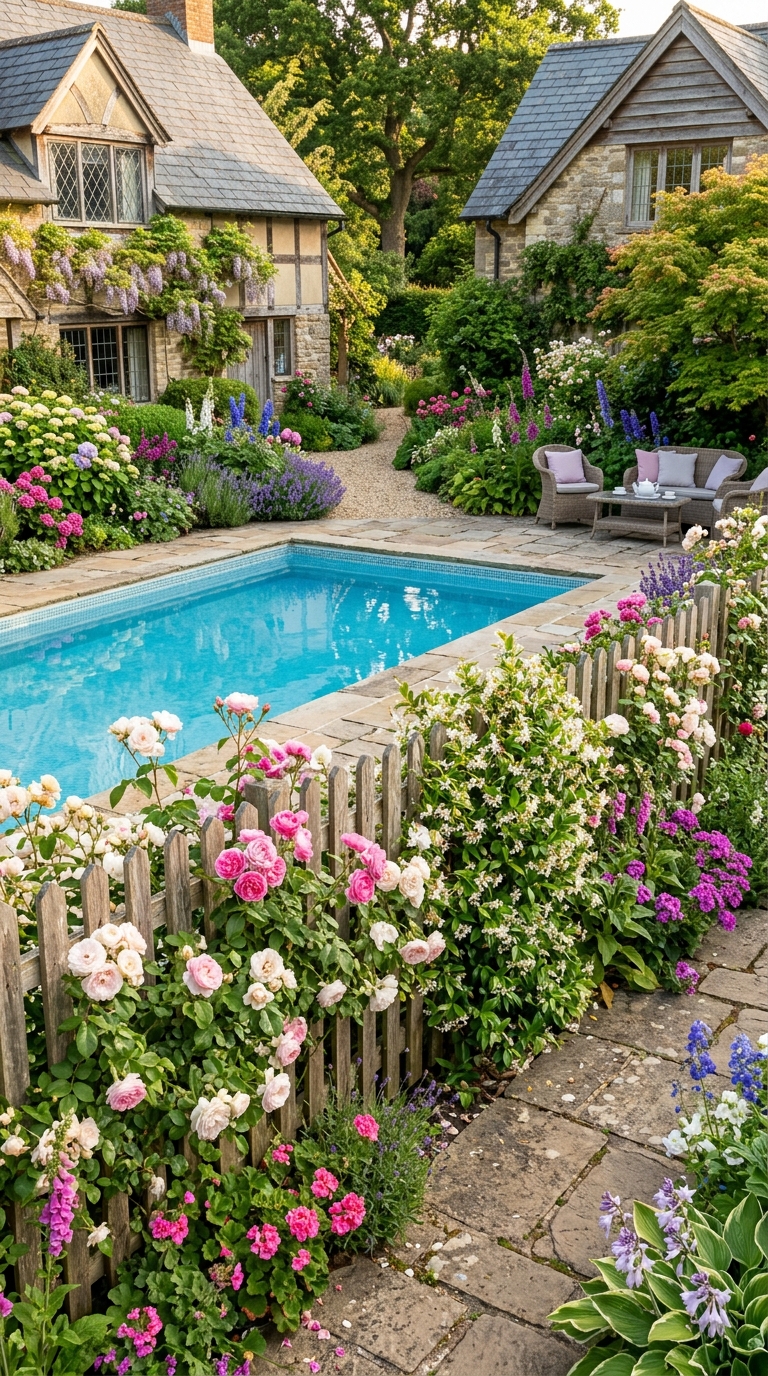 Natural cedar picket pool fence with climbing flowering vines.