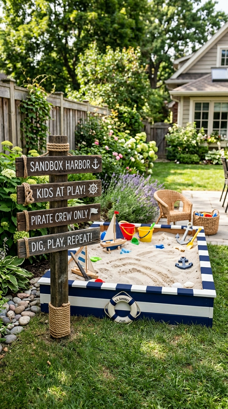 Nautical themed sandbox backyard play area for kids