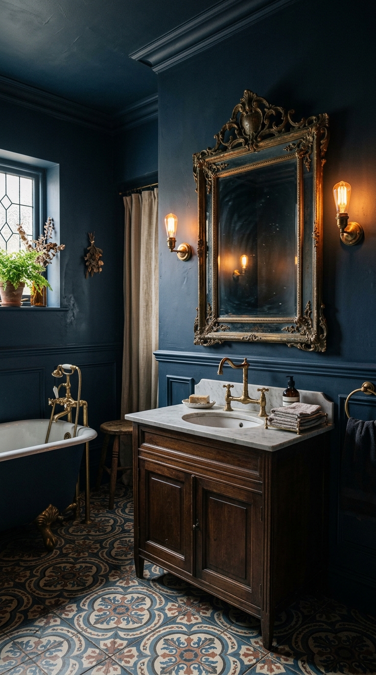 Charcoal and brass moody bathroom with warm sconce lighting and round mirror