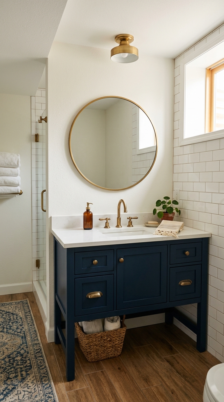 Basement bathroom with deep navy vanity, brass hardware, white countertop, and round brass mirror