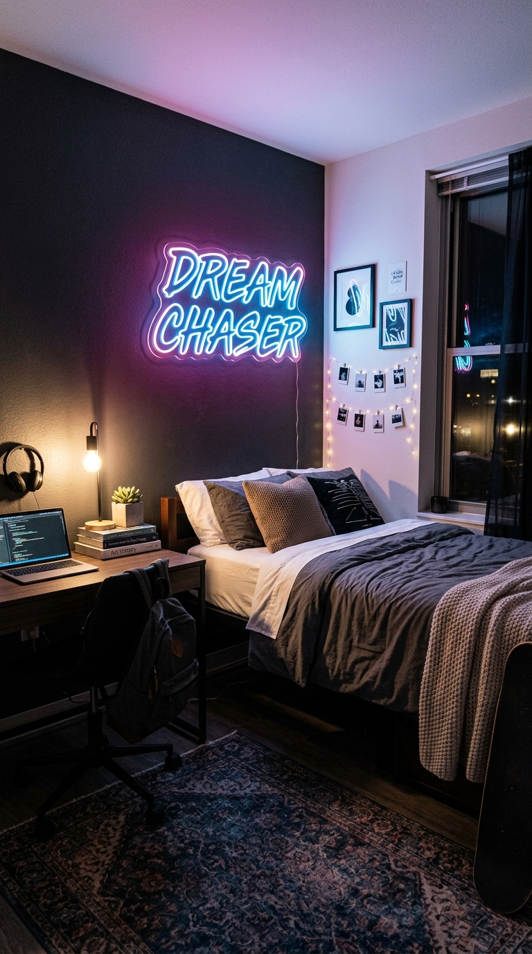 Dorm room neon LED sign on dark statement wall with moody aesthetic and simple bedding for college room decor