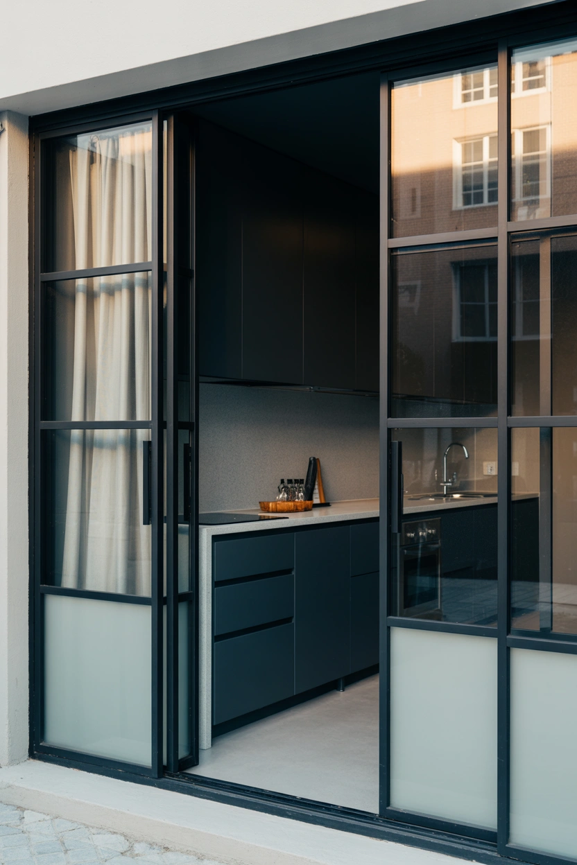 Small kitchen with uncurtained black frame patio door and frosted lower panel for privacy