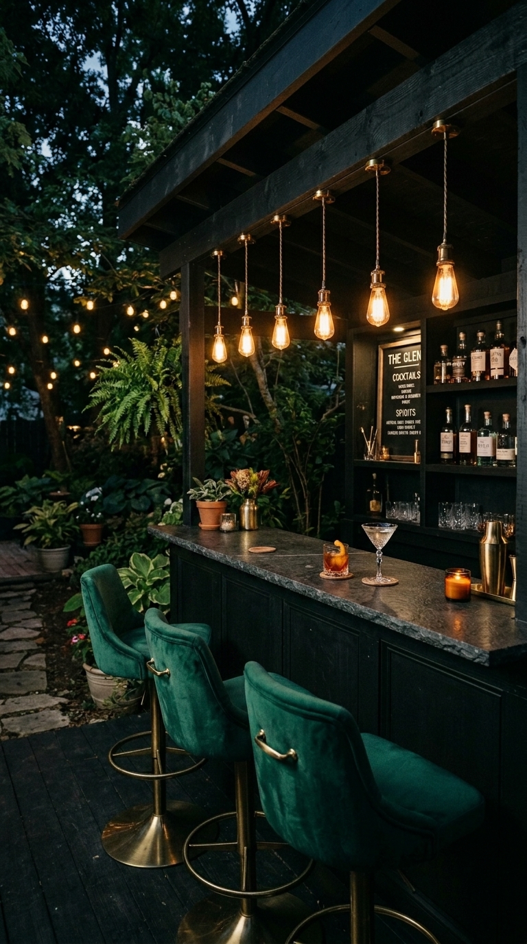 Dark moody backyard bar with matte black wood stain, emerald barstools, and warm Edison pendant lights in a dramatic outdoor entertaining space
