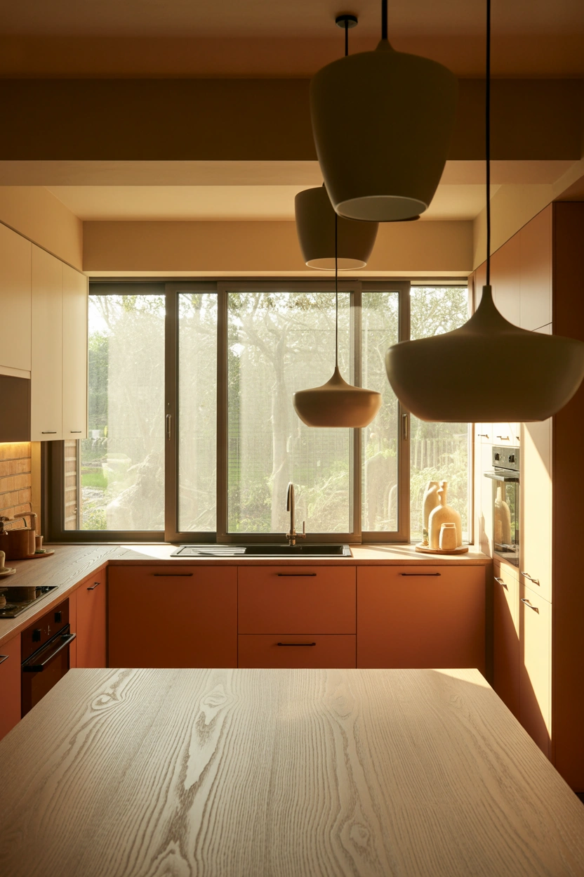 North-facing small kitchen with patio door styled in warm cream and terracotta tones