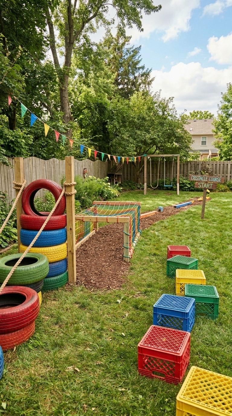 Obstacle course corner backyard play area for kids