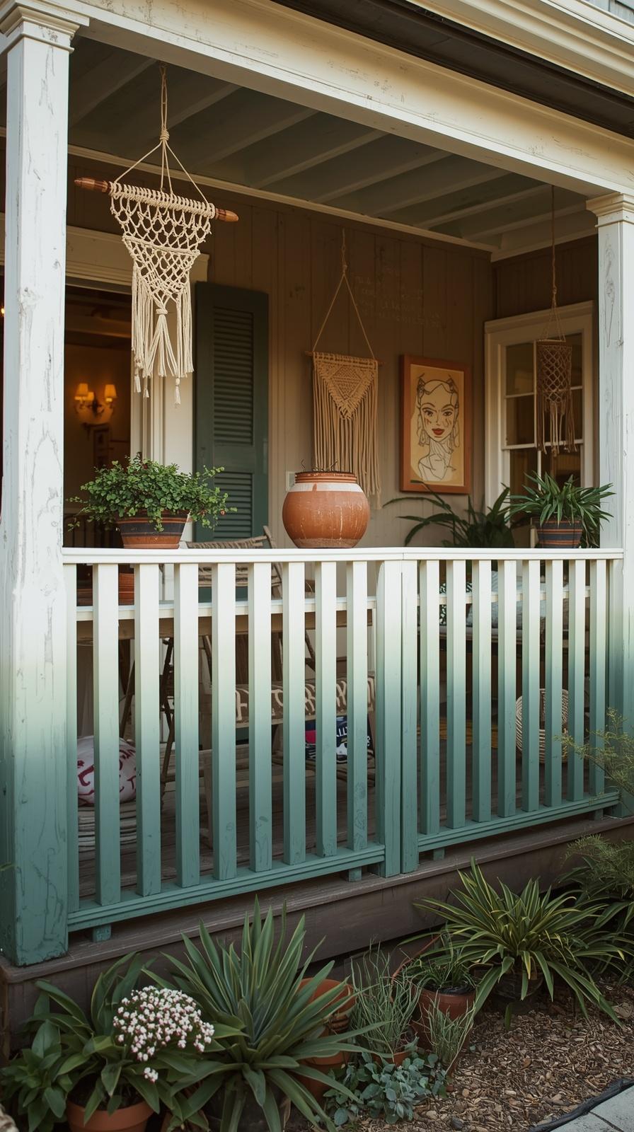 Ombre painted porch railing going from sage green to white on a boho cottage-style home