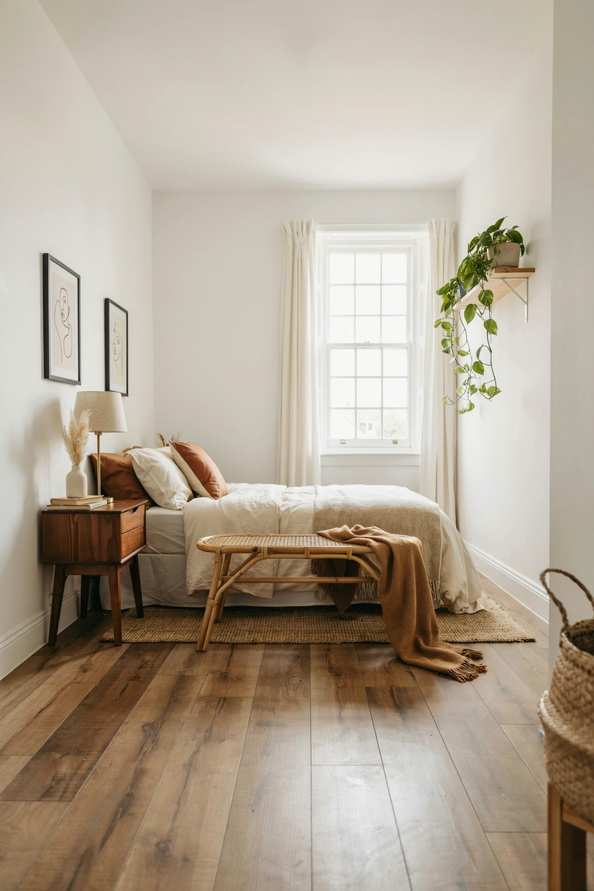 Small brown bedroom with furniture floated away from walls to create an open, airy layout and intentional designer feel