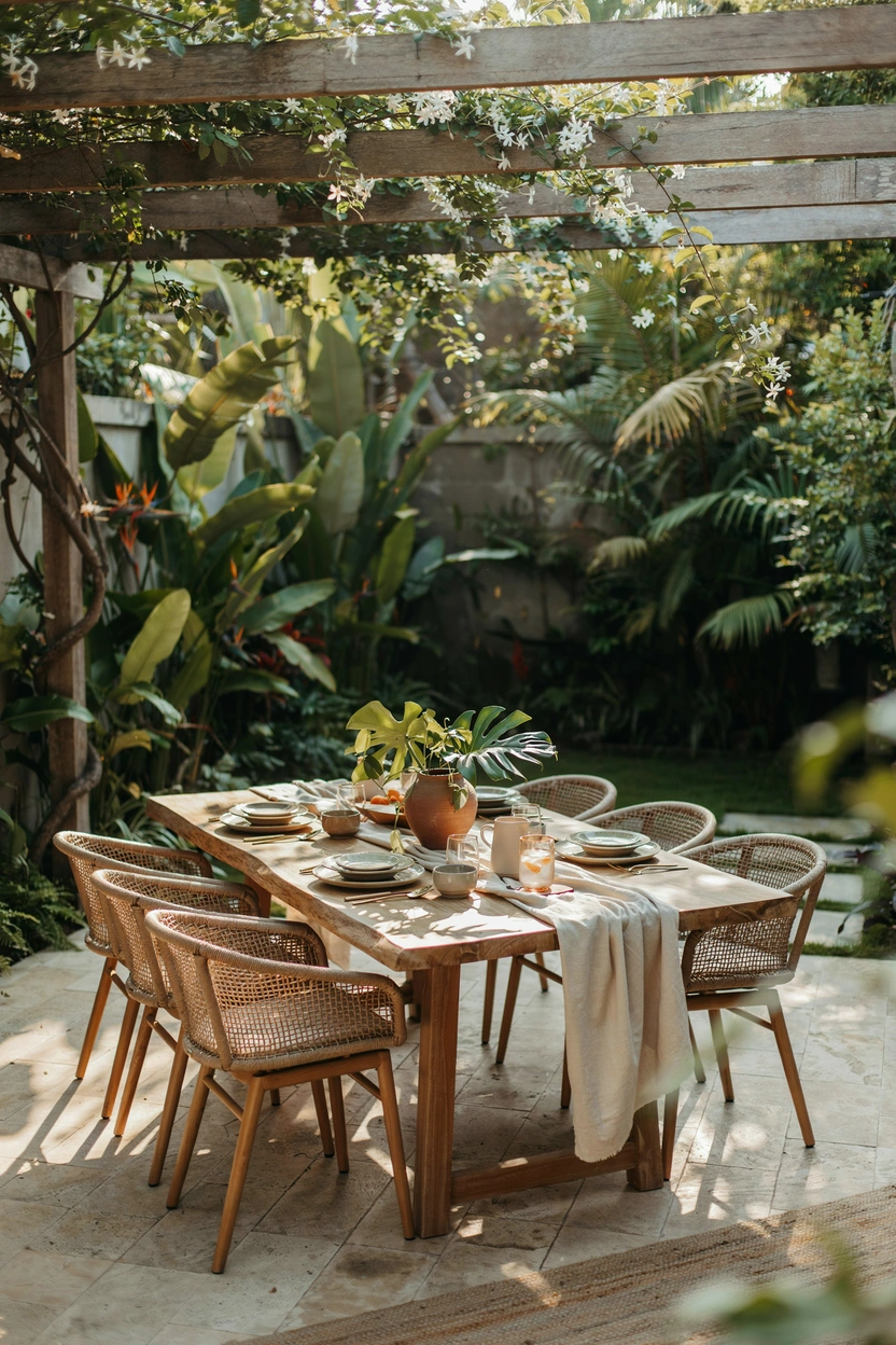 Luxury earthy patio table with rattan chairs and warm resort-style outdoor decor