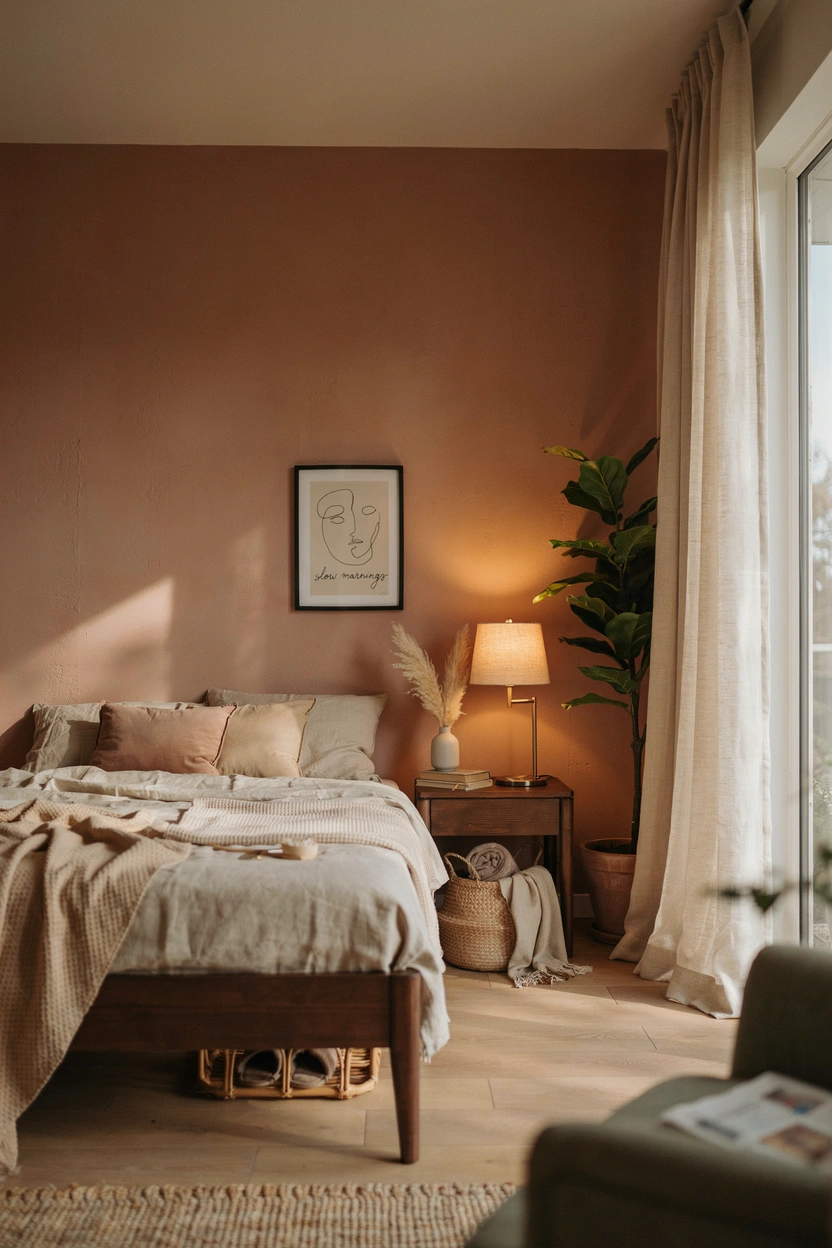 Organic modern earthy bedroom with walnut bed frame and warm beige walls — minimalist natural bedroom design idea