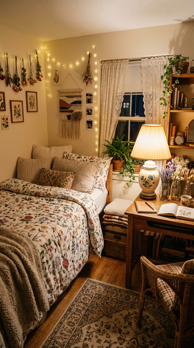 Cottagecore dorm room with floral bedding, dried flower decor, and warm, cozy aesthetic for college room