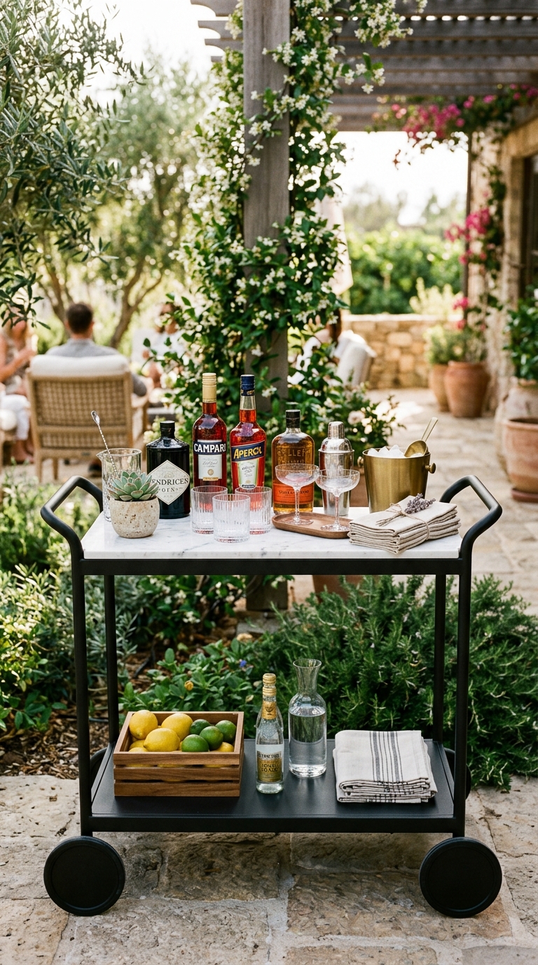 Stylish outdoor bar cart in matte black styled with spirits, glassware, small succulent, and linen napkins as a no-build backyard bar station