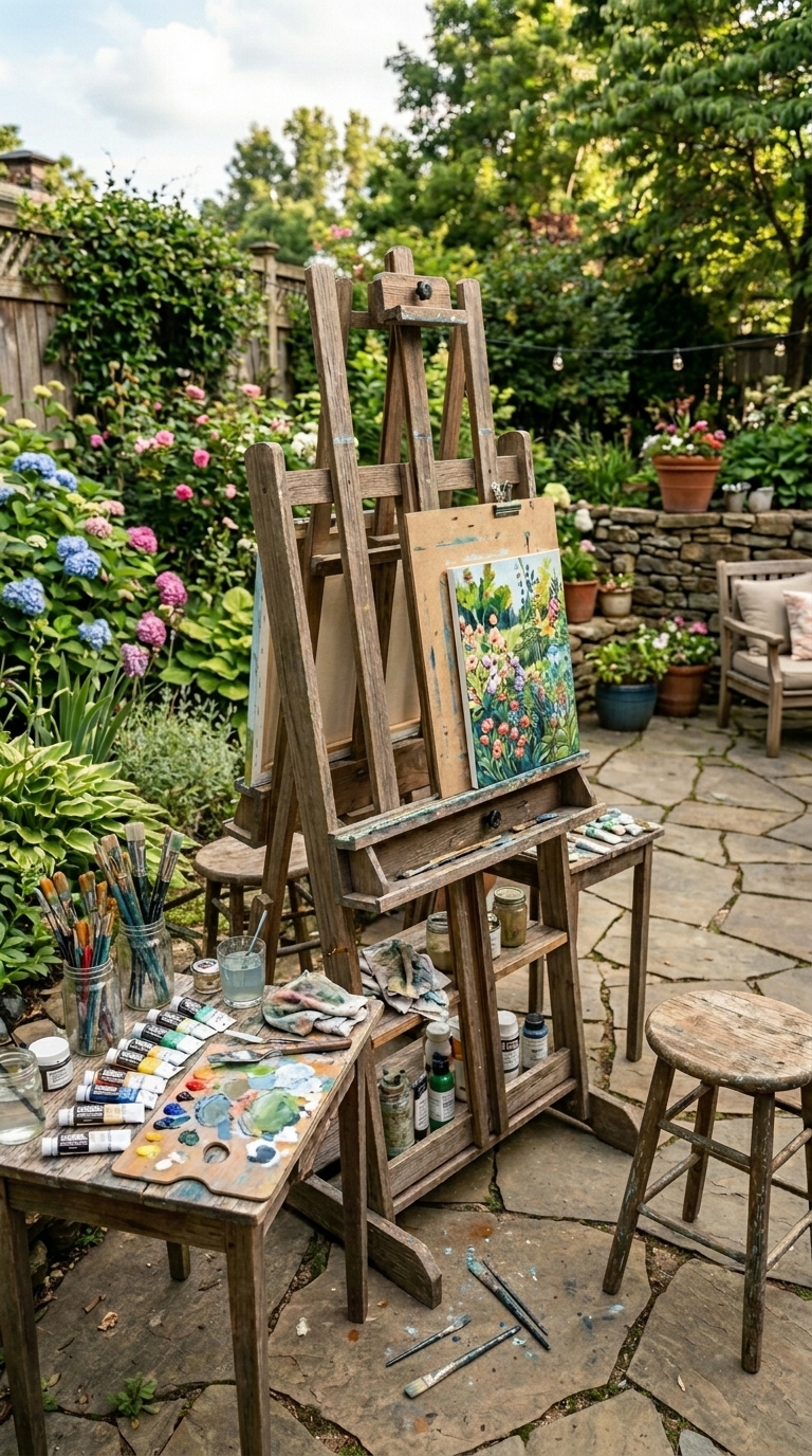 Outdoor creativity easel station, backyard play area for kids