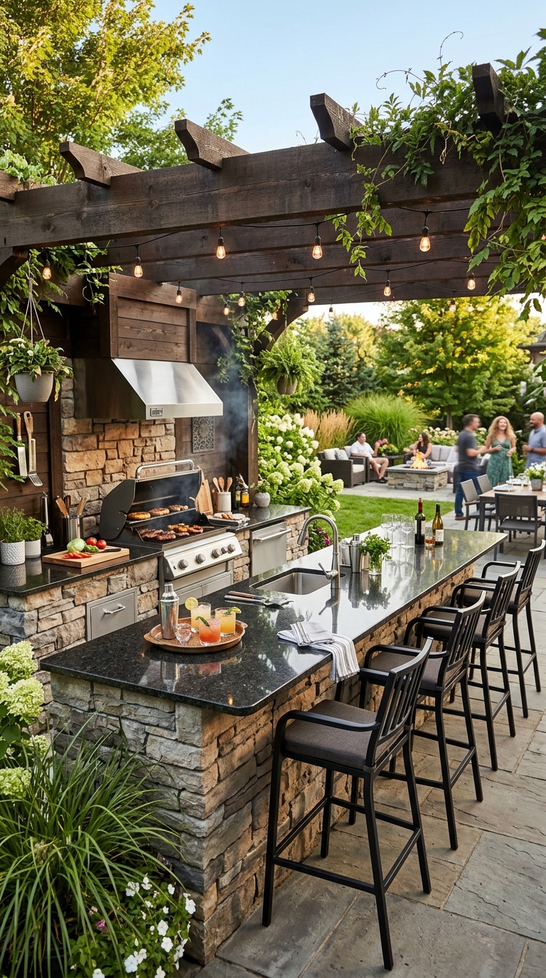 Outdoor kitchen and bar combo with continuous granite countertop, built-in grill, integrated sink, and covered pergola in a luxury backyard entertaining space