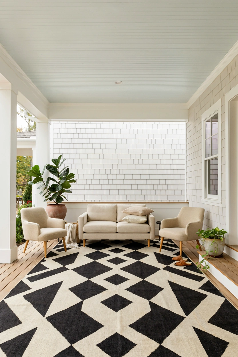 Large geometric outdoor rug on a covered front porch with neutral furniture and potted plants showing correct sizing