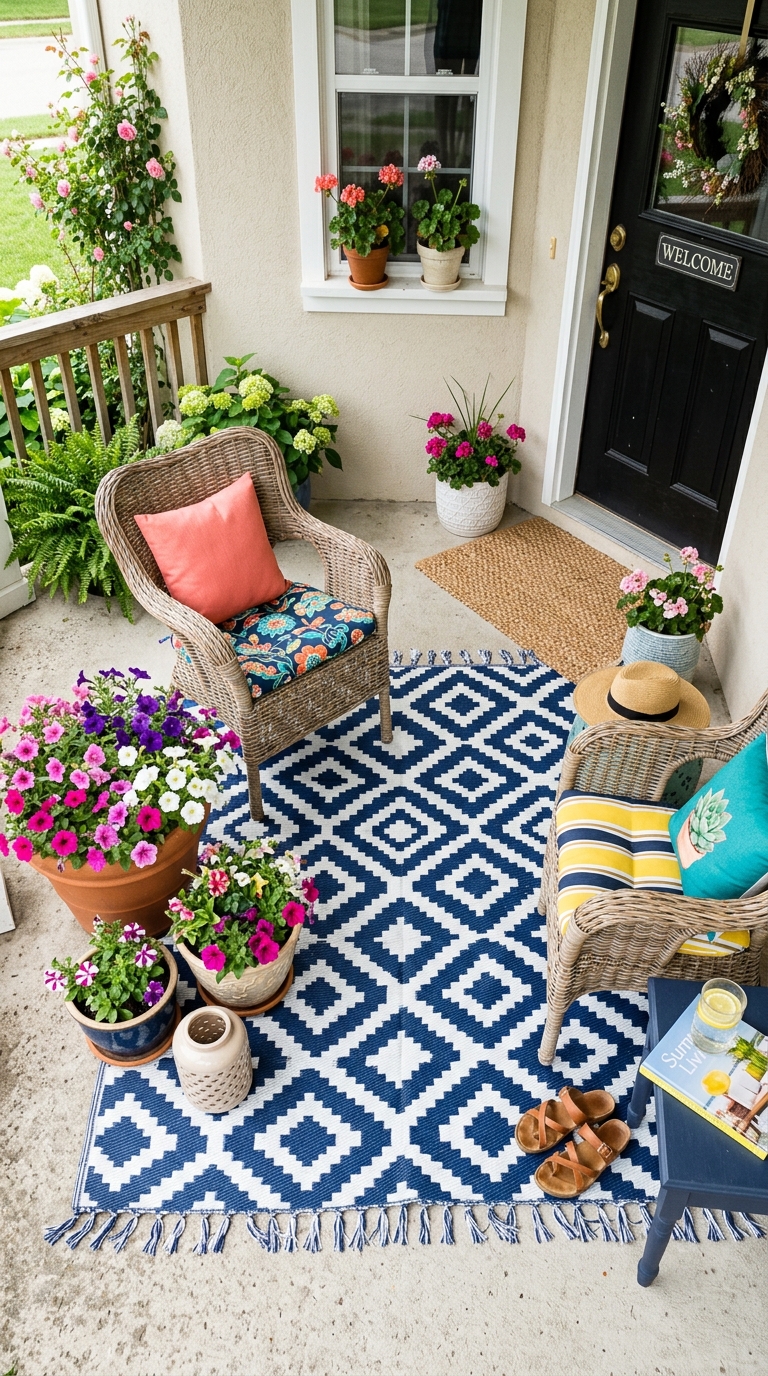Navy and white geometric outdoor rug on concrete front porch with wicker chairs