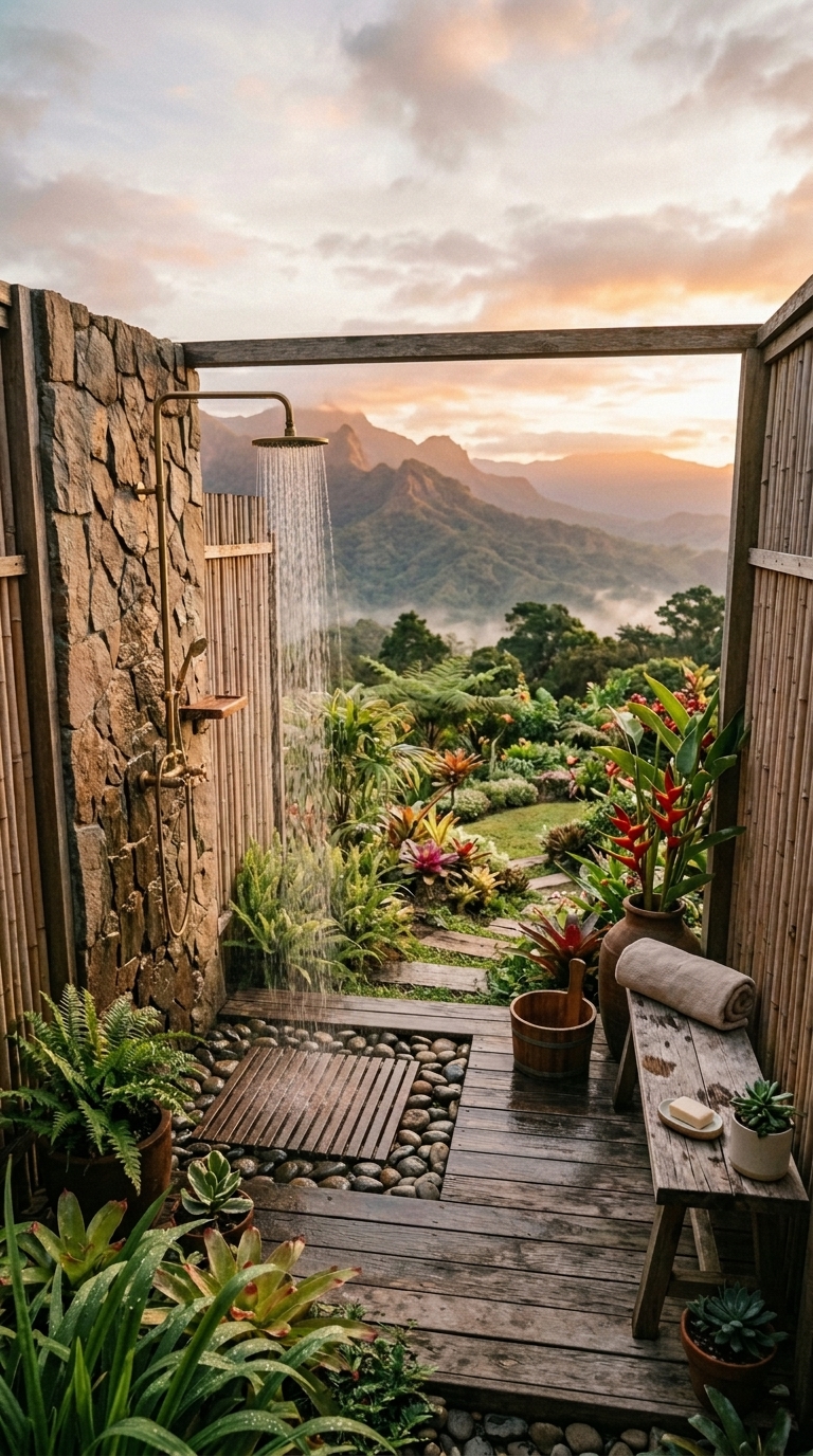Open-air outdoor shower with mountain and garden view