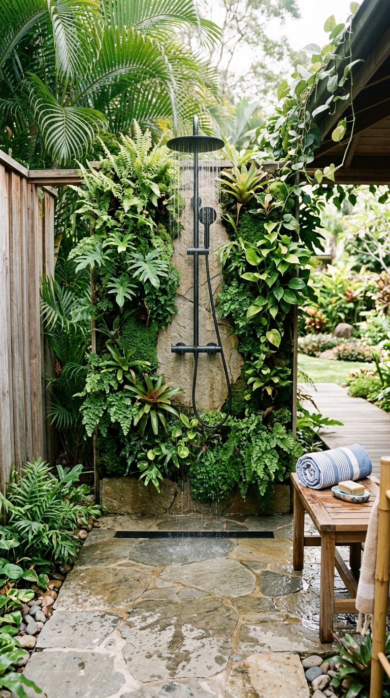 Biophilic green wall outdoor shower surround idea