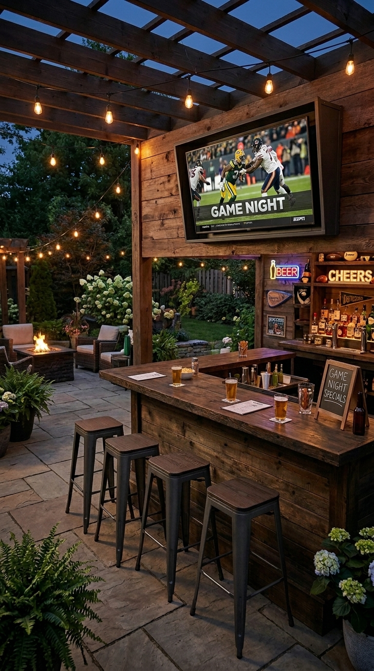 Backyard sports bar with weatherproof outdoor TV above wide dark bar counter, charcoal barstools, and string lights for game-night entertaining