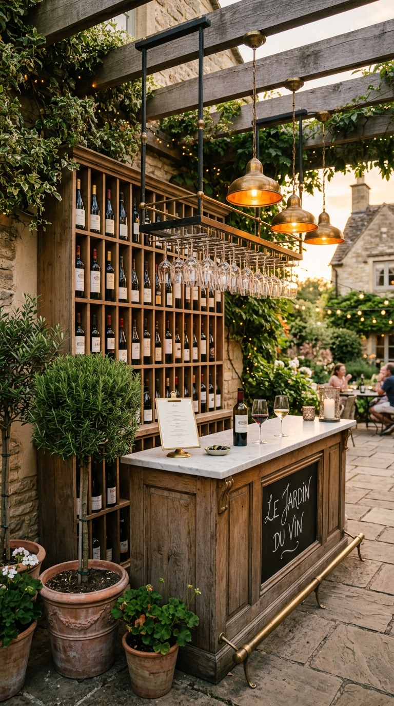 Elegant outdoor wine bar with built-in bottle storage, hanging glass rack, marble countertop, and aged brass fixtures in a European-inspired backyard
