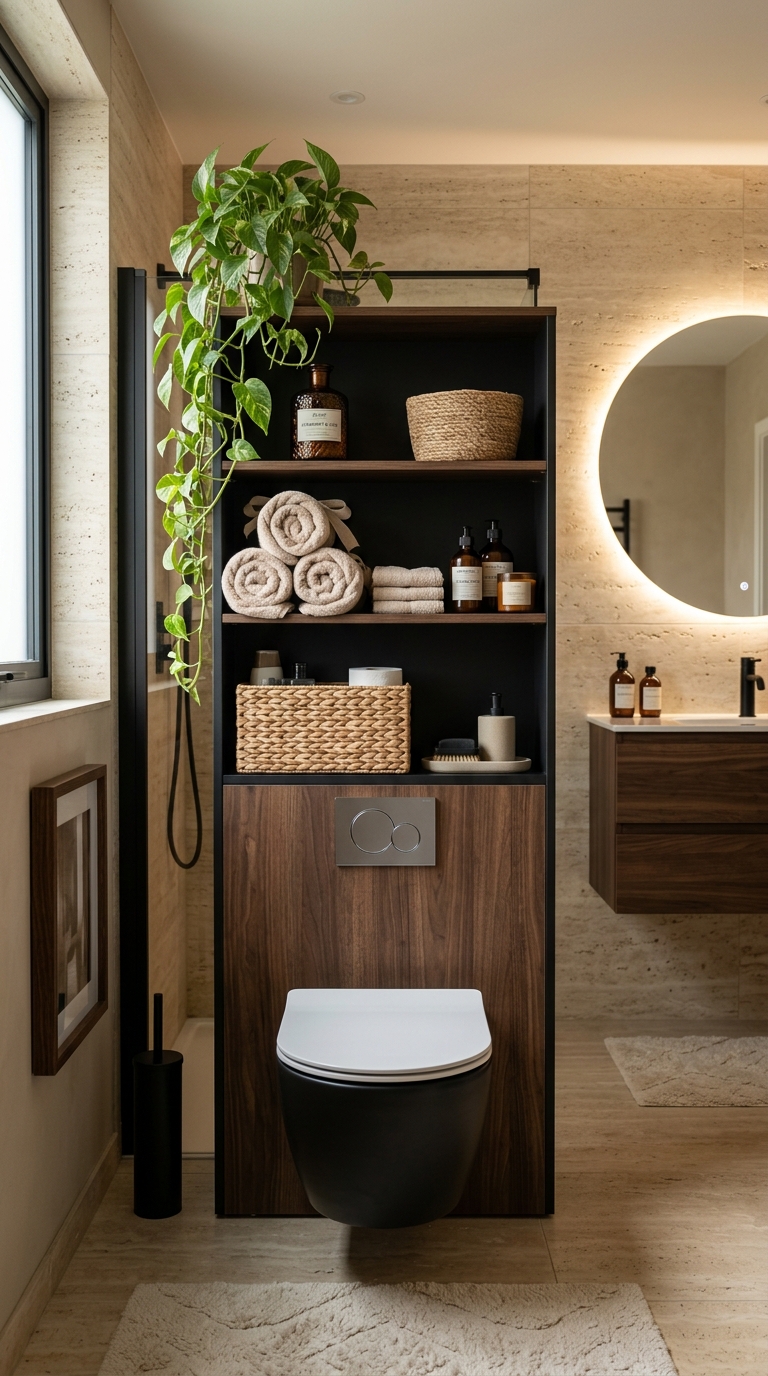 Matte black over-toilet storage tower with towels and baskets in a small bathroom