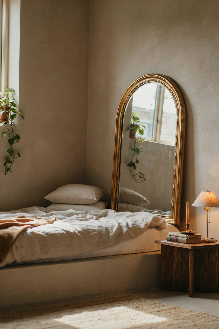 Oversized arched mirror with gold frame leaned against a brown bedroom wall, reflecting light and creating the illusion of a larger, more luxurious space