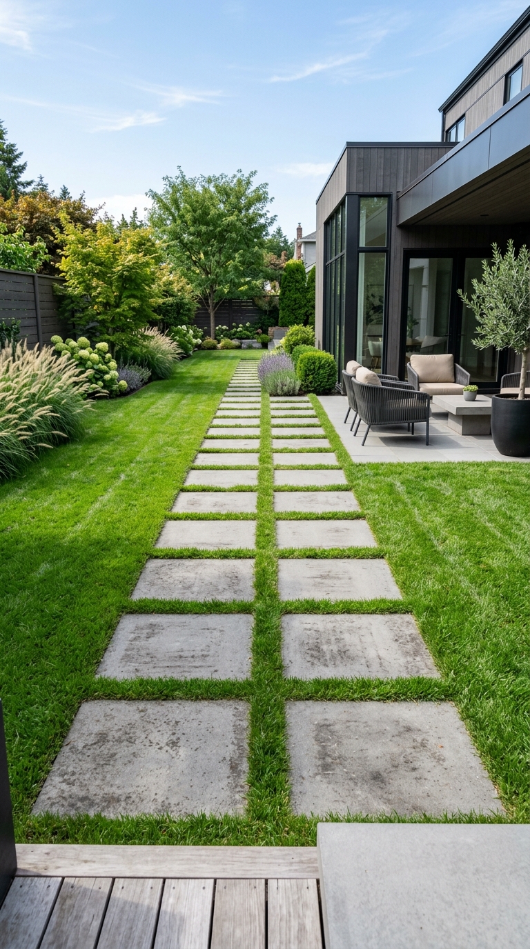 Large square pavers with green grass joints in a modern backyard walkway