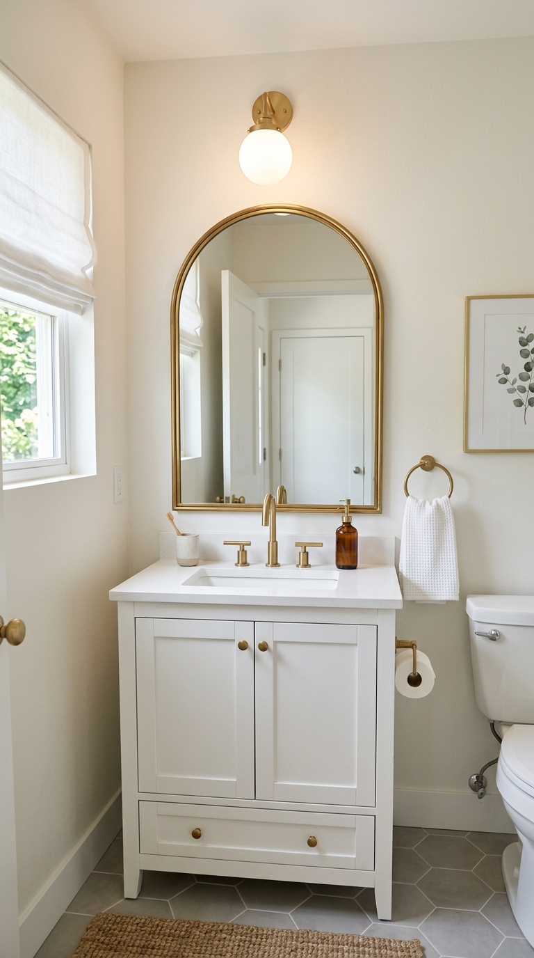Half bathroom with large arched brass mirror above white vanity and neutral walls