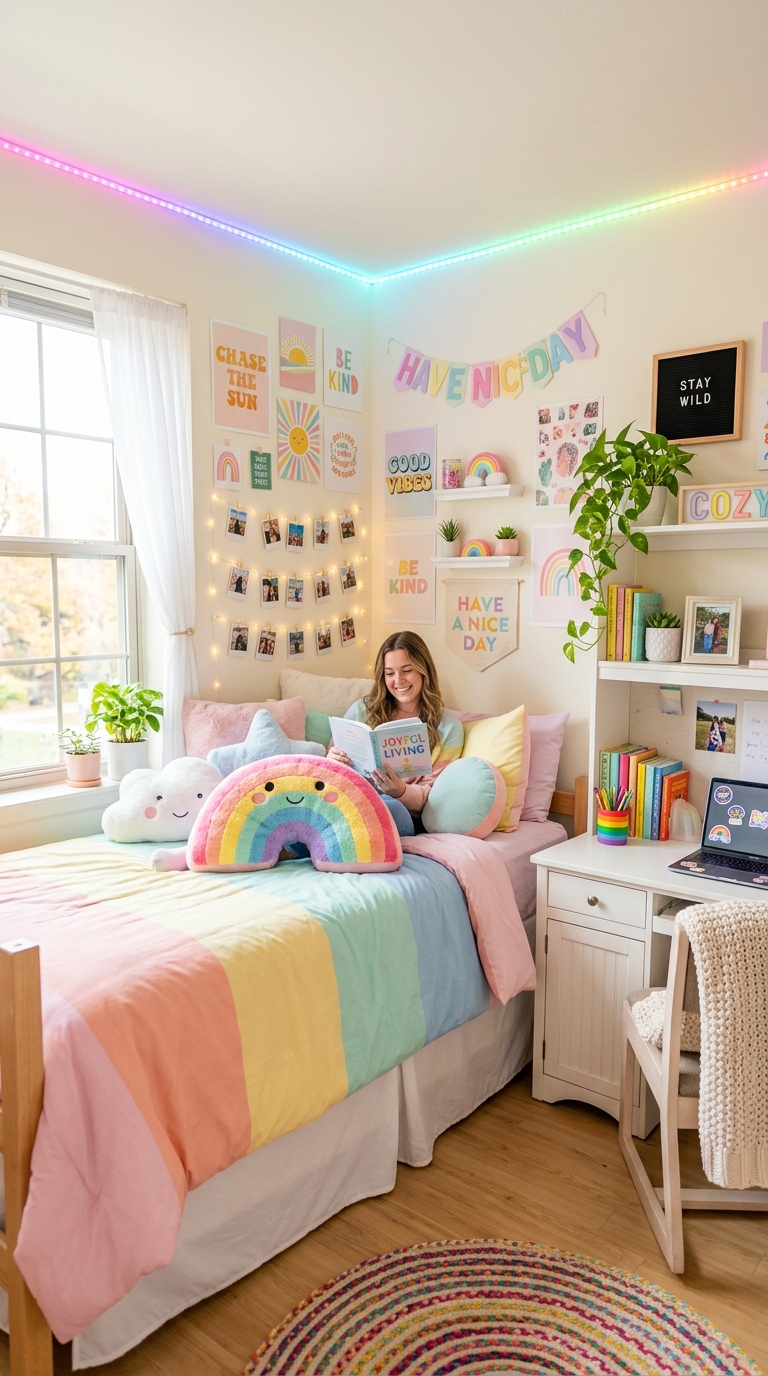 Pastel rainbow dorm room with color-blocked bedding, soft LED lighting, and cheerful, joyful aesthetic for college