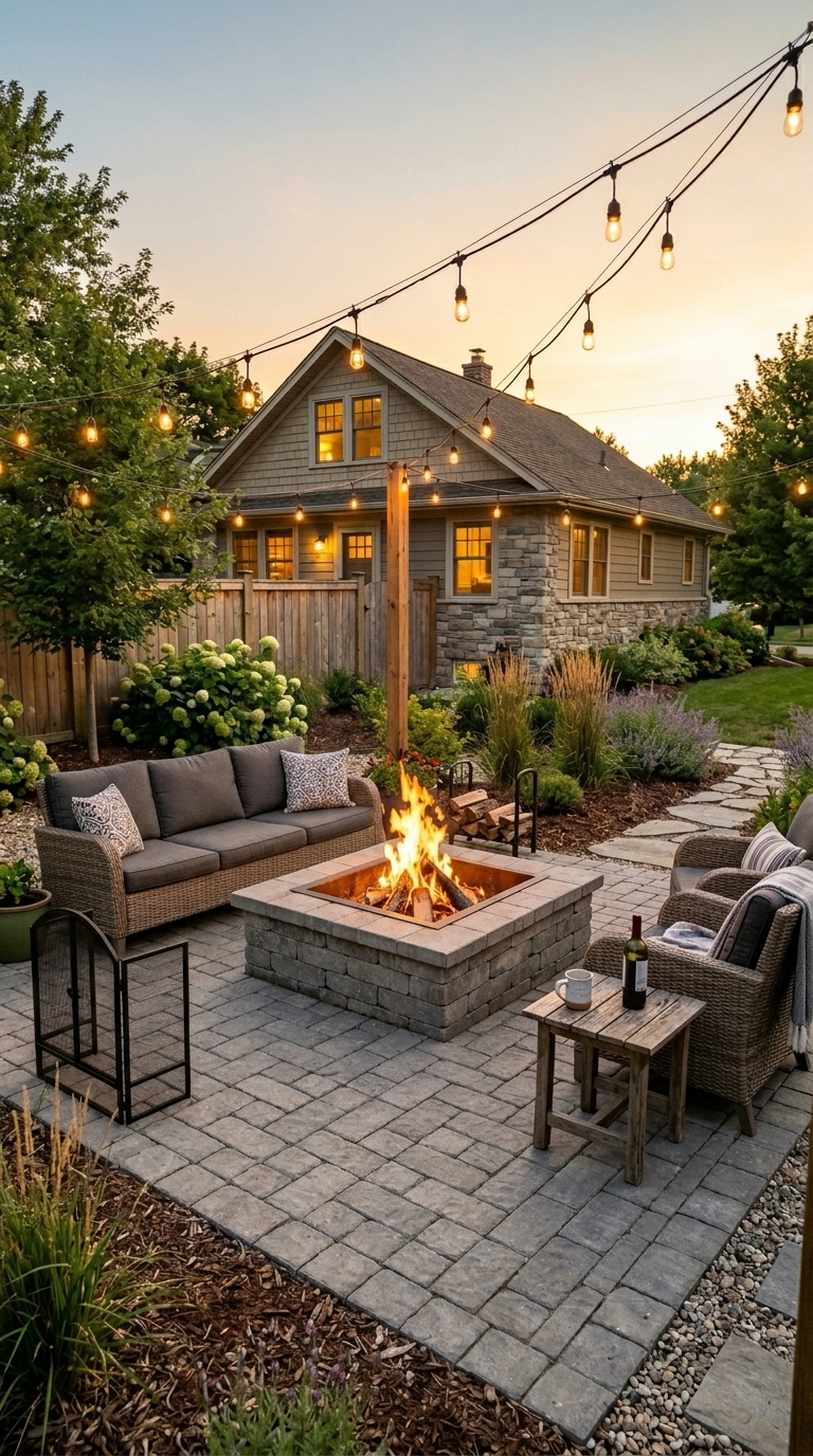 DIY paver patio with built-in fire pit, string lights, and outdoor seating in a backyard