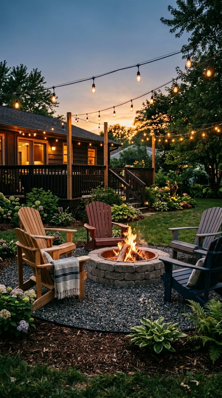 DIY paver ring fire pit with gravel base and string lights in a cozy backyard