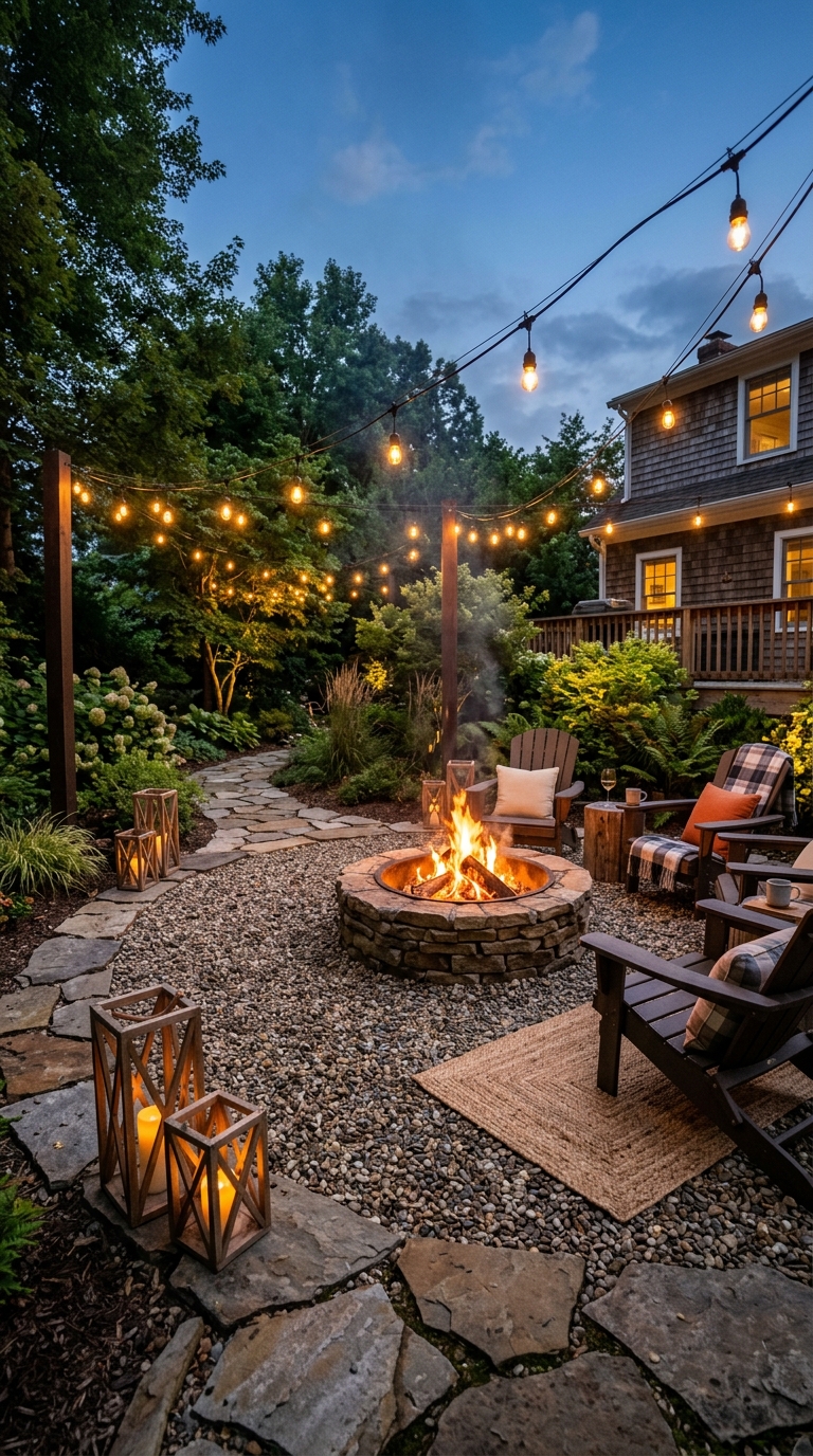 Pea gravel fire pit zone with flagstone border and string lights in a beautiful backyard evening setting