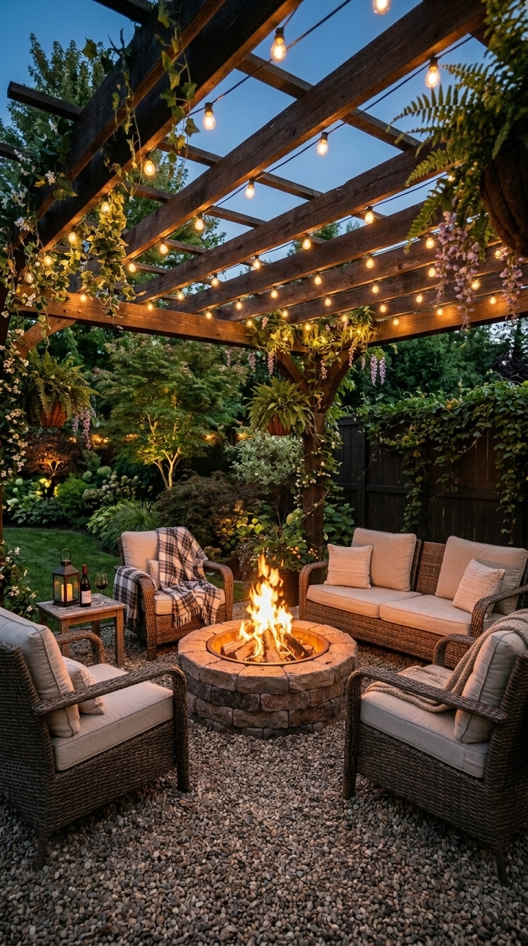 Pea gravel fire pit under a wooden pergola with rattan chairs and string lights in a cozy backyard corner