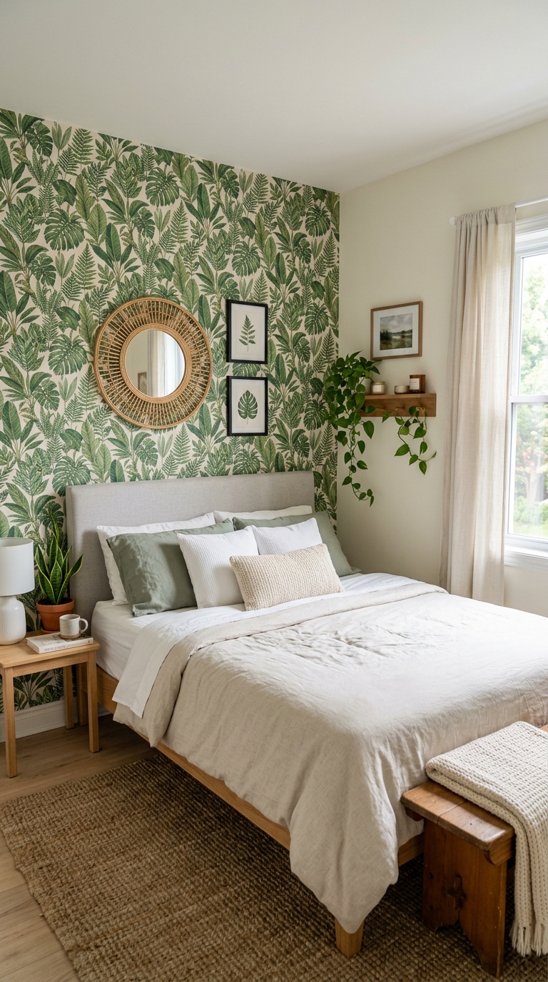 Small bedroom renter-friendly peel-and-stick botanical accent wall above bed with neutral bedding and minimal decor