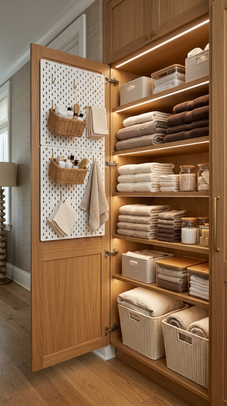 Pegboard door organizer inside a luxury linen closet