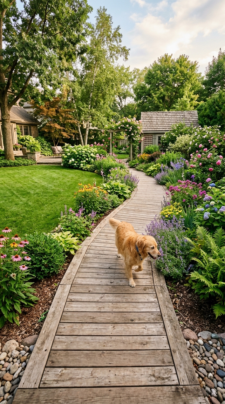 Pet-friendly wide wooden walkway in backyard