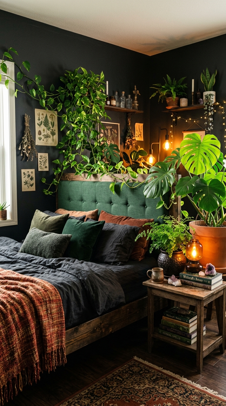Plant witch bedroom with charcoal walls, monstera corner plant, trailing pothos above headboard, terracotta throw, and dark ceramic pots making green plants glow