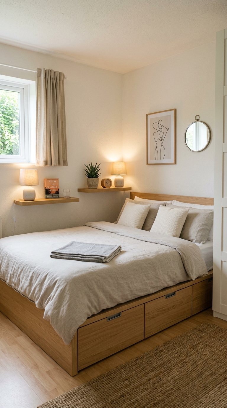 Small bedroom with platform bed with under-bed storage drawers, neutral bedding, and clean minimalist layout