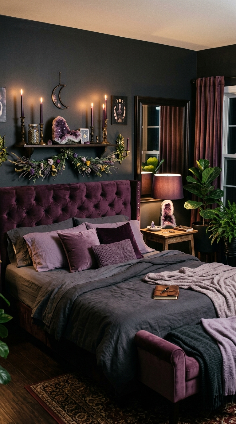 Deep plum velvet witchy bedroom with amethyst crystal altar shelf, dark brass candlesticks, and amethyst lamp casting a warm purple glow