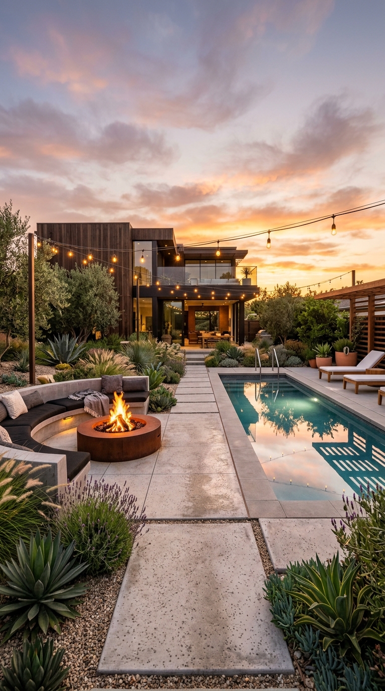 Modern plunge pool with stylish fire pit and outdoor seating area